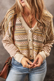 Geometric knit cropped cardigan in khaki with button front and V-neck.