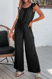 Black textured ruffle-sleeve drawstring palazzo jumpsuit with wide legs