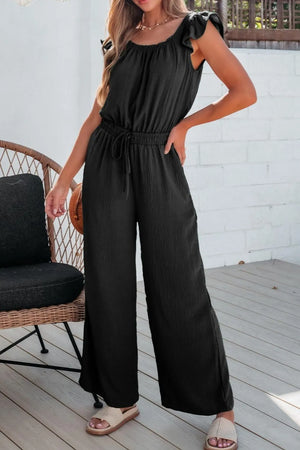 Black textured ruffle-sleeve drawstring palazzo jumpsuit with wide legs