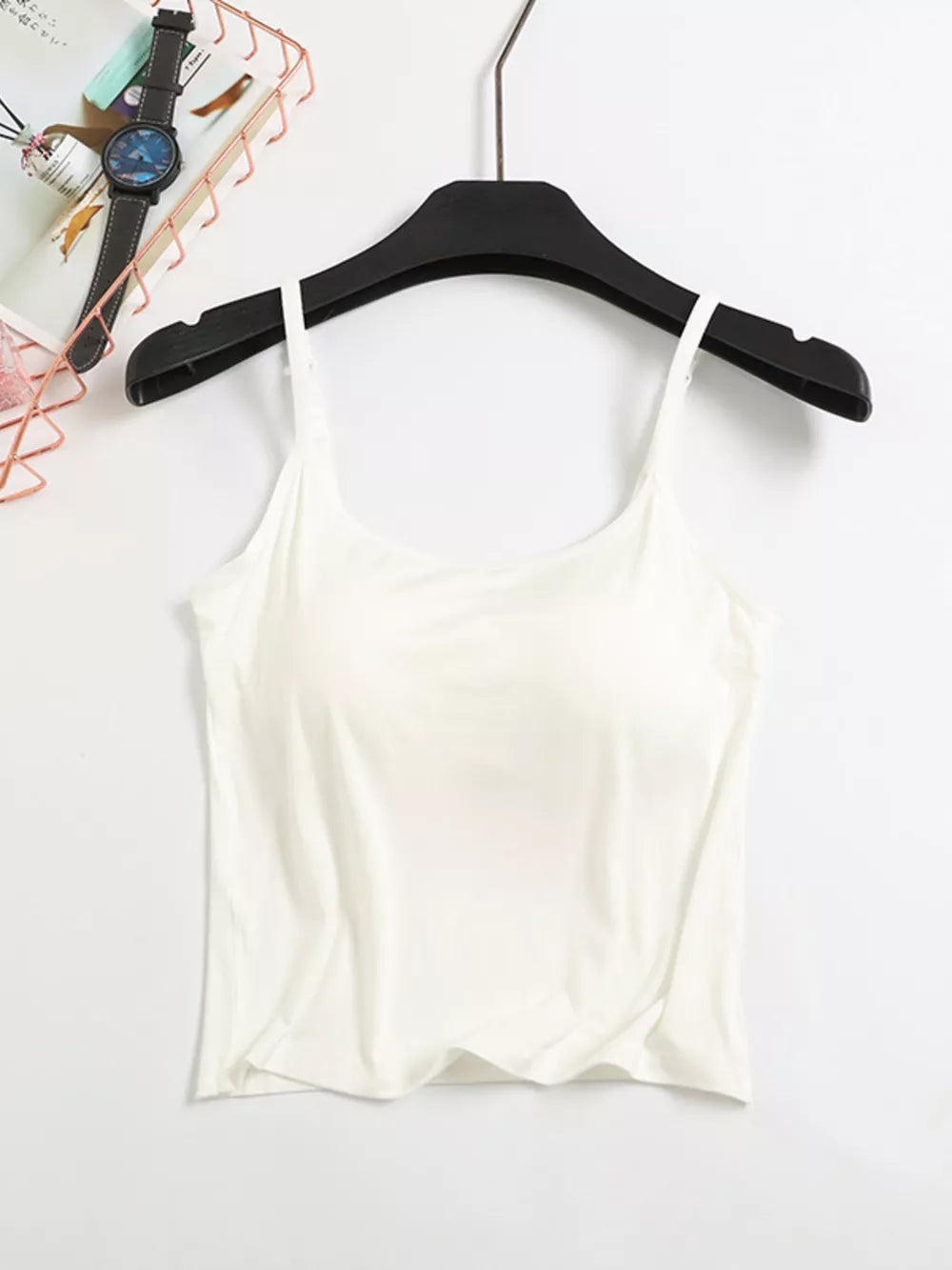 Milky White adjustable cami with thin straps, a basic style for sleepwear and loungewear.