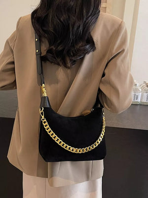Chain Detail Crossbody Bag in Black, close-up detail