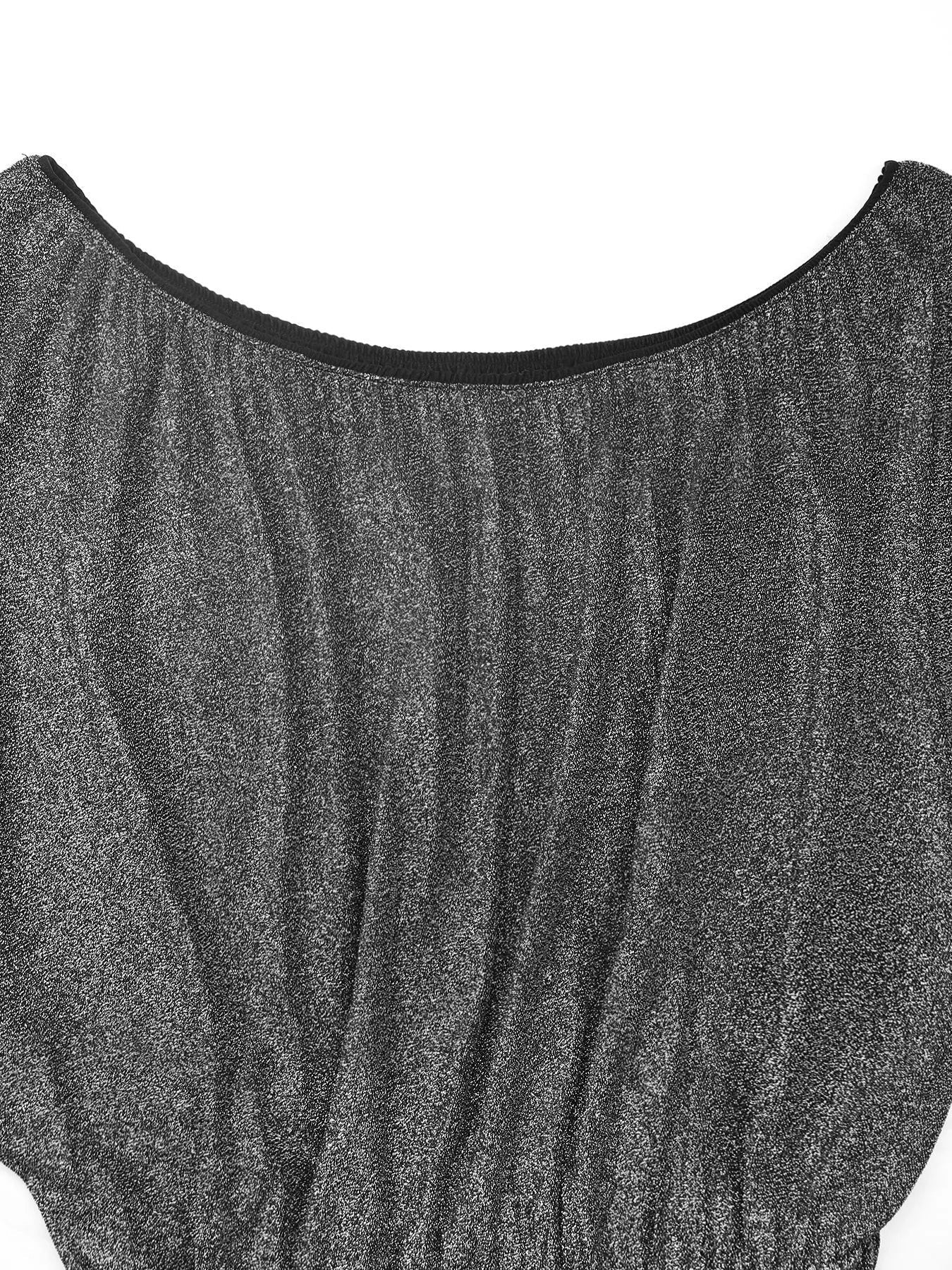 Gray glitter one-shoulder jumpsuit with wide legs and a draped neckline.