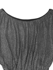 Gray glitter one-shoulder jumpsuit with wide legs and a draped neckline.