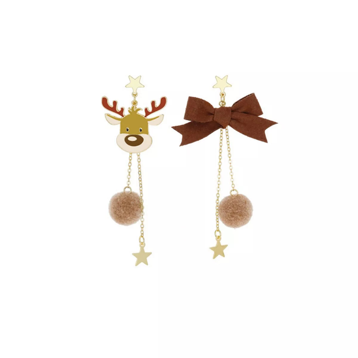 Reindeer bowknot drop earrings with pom poms and stars, 18K gold-plated.