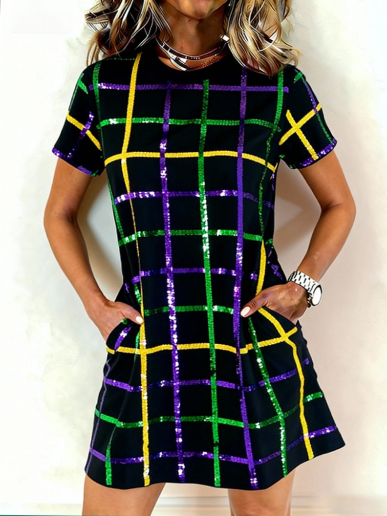 Full Size Plaid Short Sleeve Mini Dress in Multicolor, front view