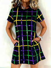 Full Size Plaid Short Sleeve Mini Dress in Multicolor, front view