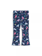 Toddler navy cotton leggings with a whimsical unicorn and rainbow print.