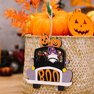 Halloween car ornament with gnome, black cat, and pumpkins, reads BOO