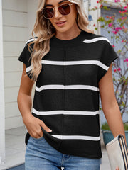 Black and white striped knit tee with center seam and short sleeves.