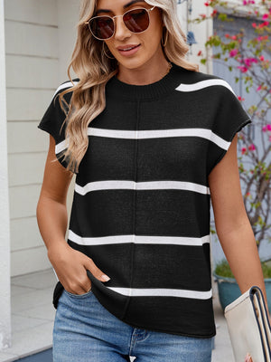 Black and white striped knit tee with center seam and short sleeves.