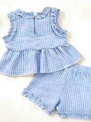 Children's light blue gingham ruffle two-piece set with peplum top and shorts.