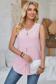 Blush pink perforated button-down sleeveless top with V-neck and eyelet detail.