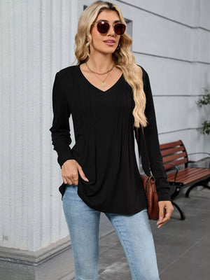 Black V-neck long sleeve maternity t-shirt with subtle front pleats.