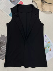 Black longline vest coat with notch collar and open front.