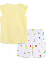 Yellow ruffled sleeve top with fruit print shorts set for baby girls.