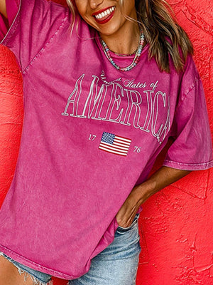 Pink cotton t-shirt with "States of America" graphic and US flag detail