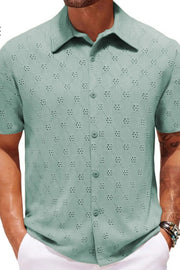 Geometric eyelet short sleeve resort shirt in Air Force Blue with button front and collar.