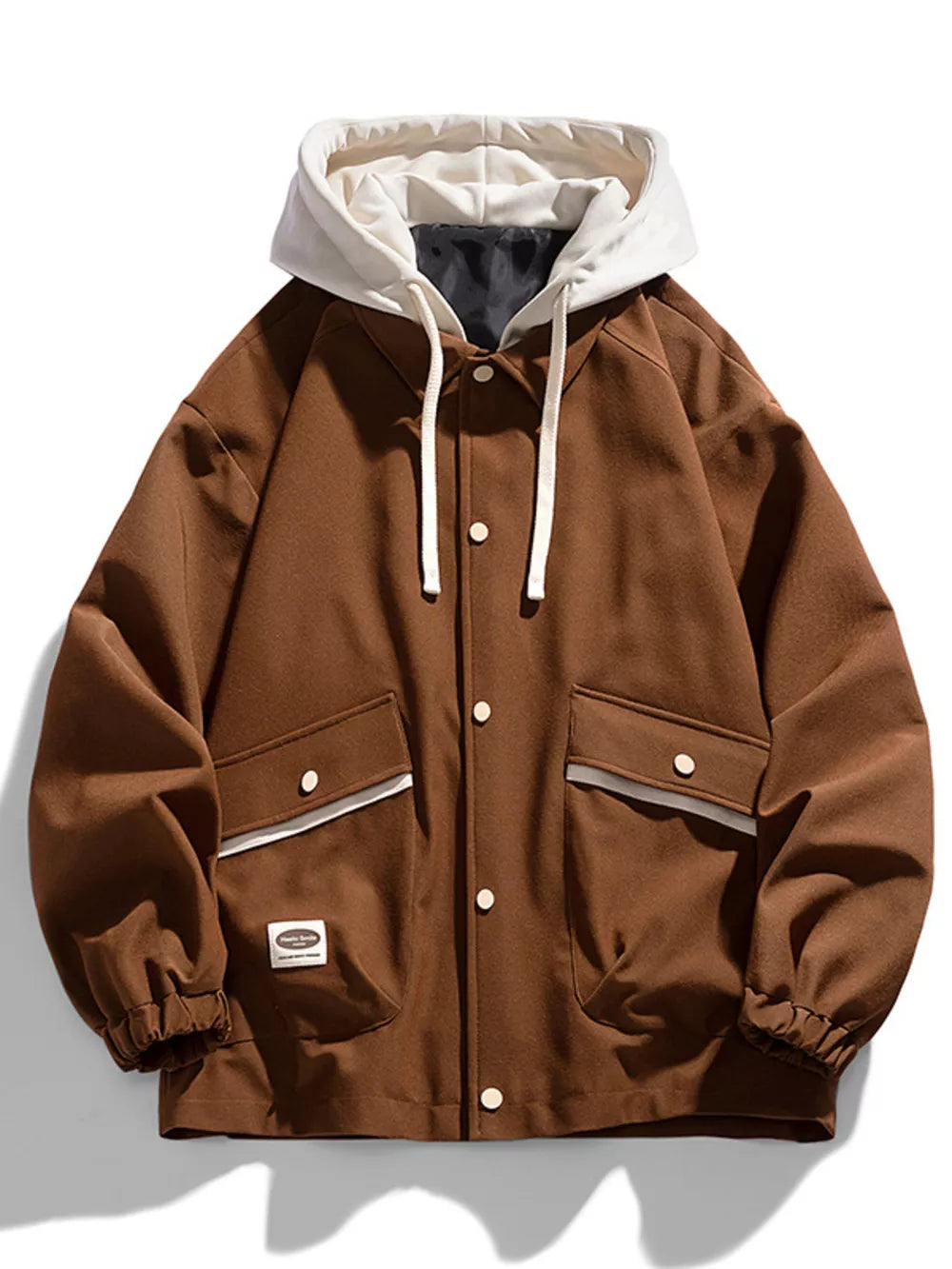 Brown hooded button-up jacket with white drawstring and contrast trim pockets
