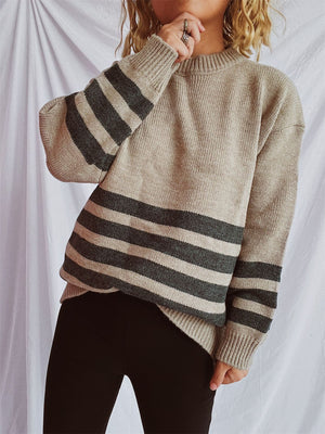 Horizontal stripe ribbed knit sweater in mocha, dark gray, or tan acrylic.