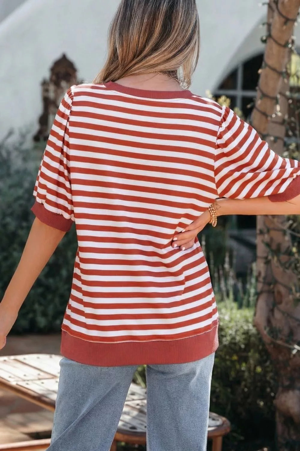 Maternity t-shirt with red and white stripes, puff sleeves, and crew neck.