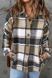 Plaid hooded shacket in tan and green with button front and relaxed fit.