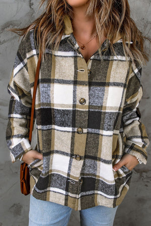 Plaid hooded shacket in tan and green with button front and relaxed fit.