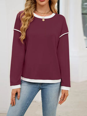 Contrast Trim Long Sleeve Sweatshirt in Black, fabric detail
