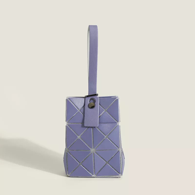 Heliotrope purple geometric panel tote bag with a single top handle.