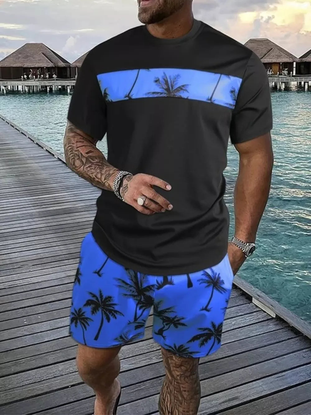 Men's Tropical Palm Tree Tee And Shorts Set in Hot Pink, close-up detail