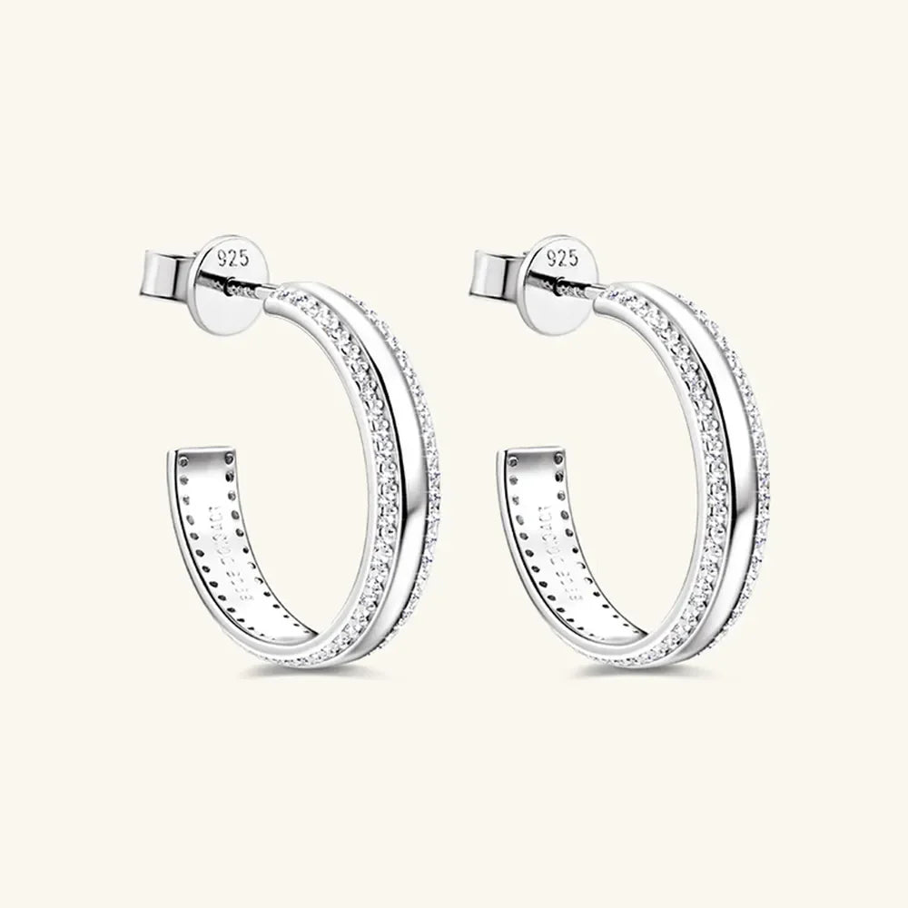 Silver pavé moissanite C-hoop earrings in sterling silver with 925 stamp