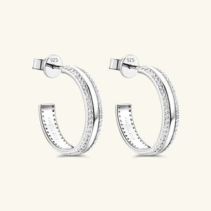 Silver pavé moissanite C-hoop earrings in sterling silver with 925 stamp