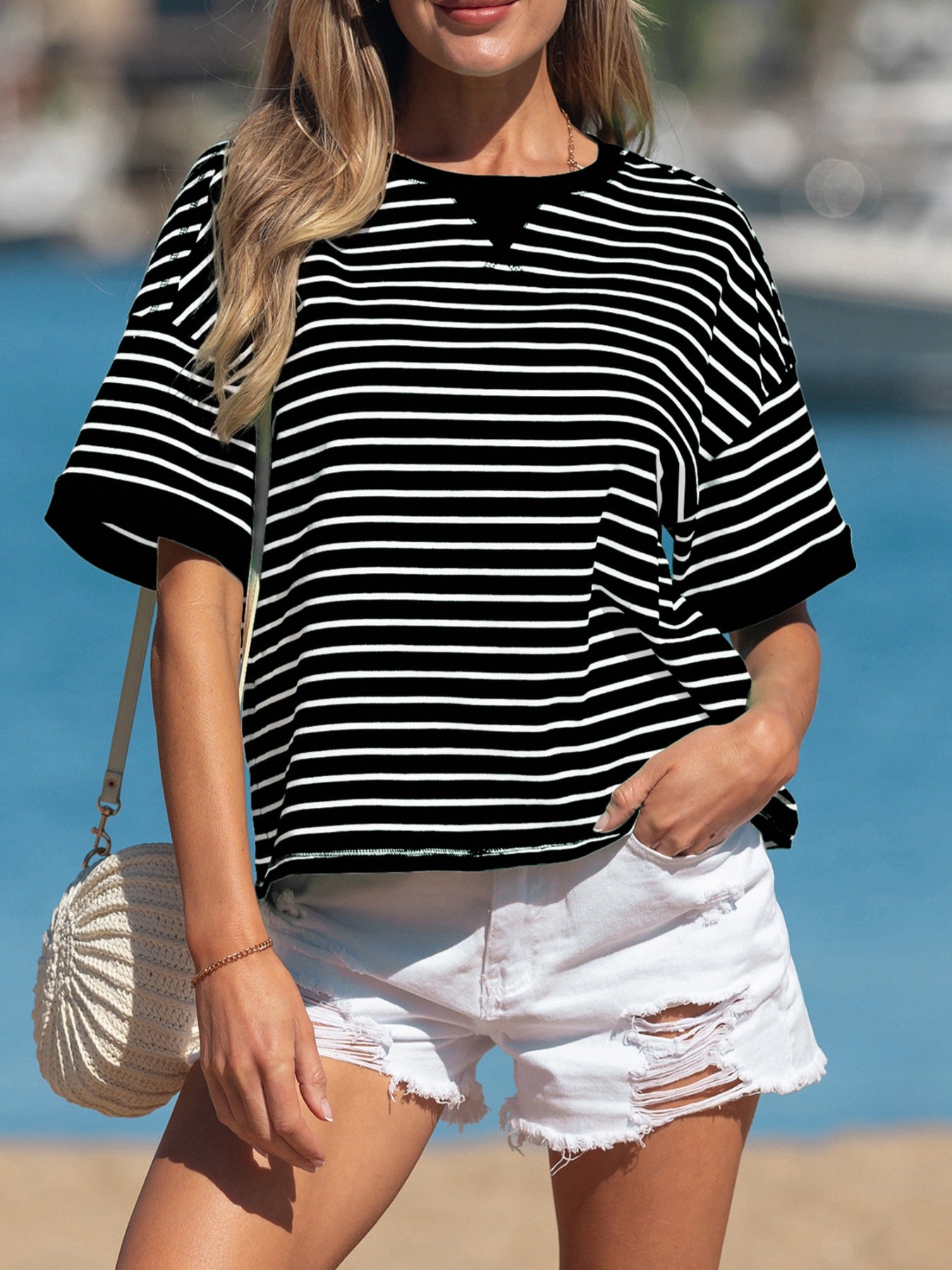 Stripe ribbed half sleeve tee, black cotton blend, crew neck, boxy fit