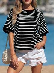 Stripe ribbed half sleeve tee, black cotton blend, crew neck, boxy fit