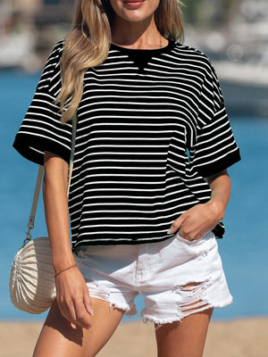 Stripe ribbed half sleeve tee, black cotton blend, crew neck, boxy fit