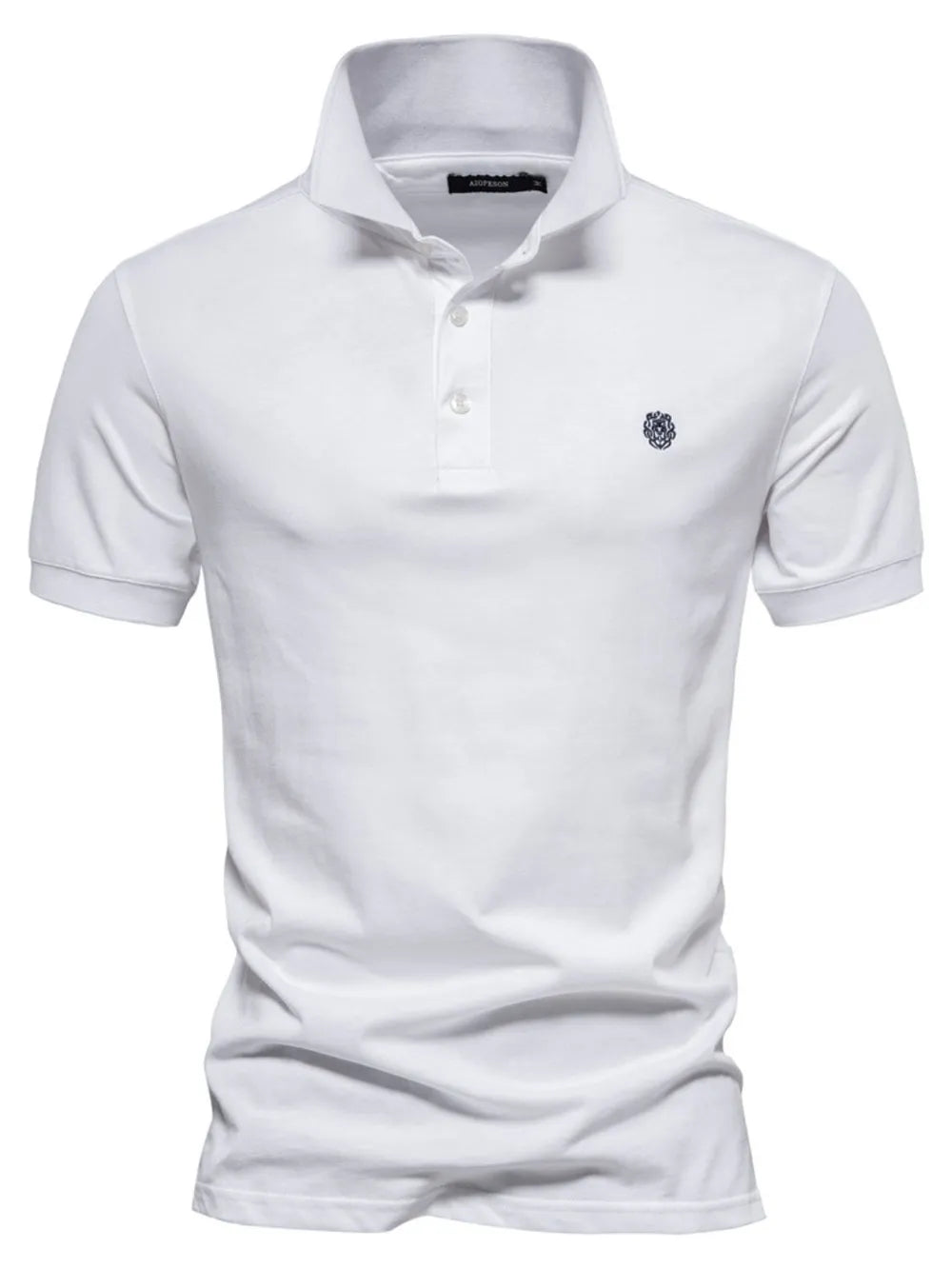 White cotton polo shirt with embroidered crest detail and button placket.