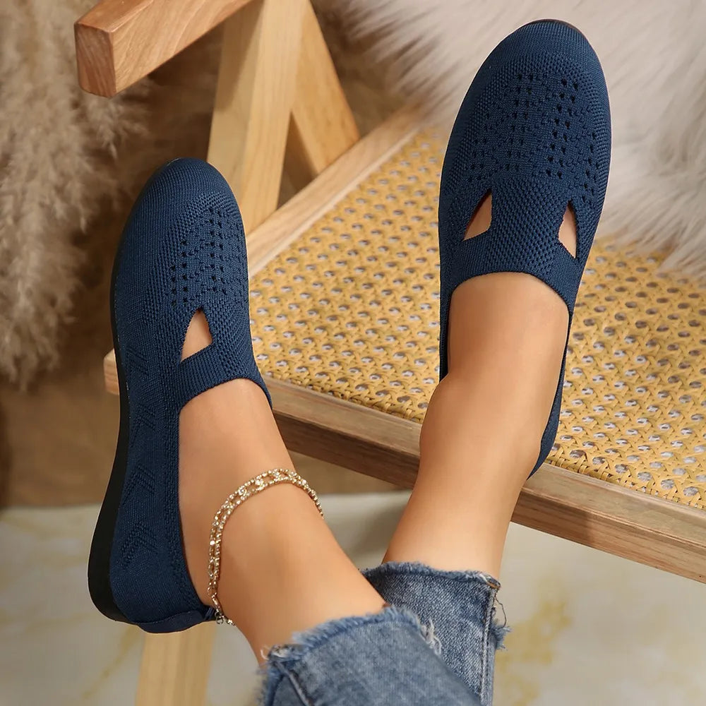 Peacock blue knit slip-on flats with cutout detail and diamond anklet