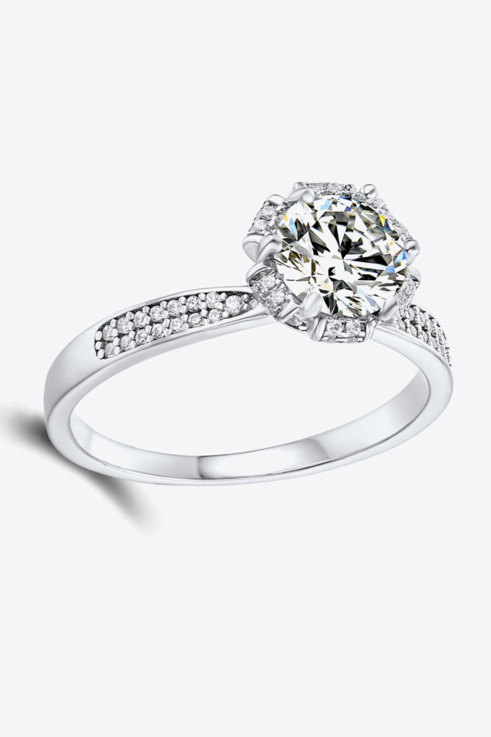 Silver moissanite halo ring with pave band