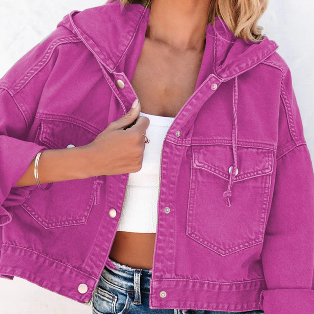 Fuchsia denim utility hoodie with drawstring hood and buttoned chest pockets.