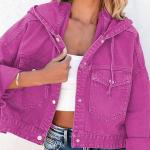 Fuchsia denim utility hoodie with drawstring hood and buttoned chest pockets.