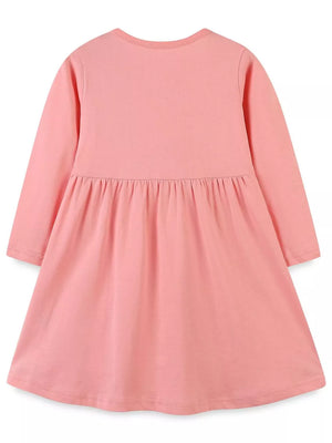 Pink cotton toddler dress with long sleeves and a gathered waist.