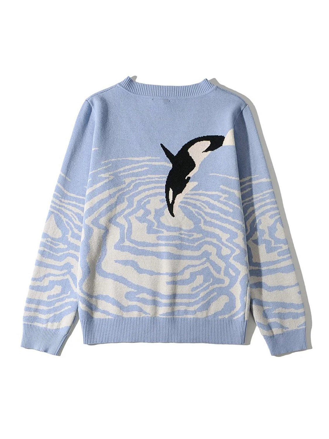 Light blue acrylic blend V-neck sweater with an orca jumping through water pattern.
