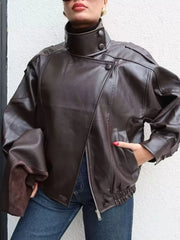 Zip-up Faux Leather Moto Jacket in Brown, view 12
