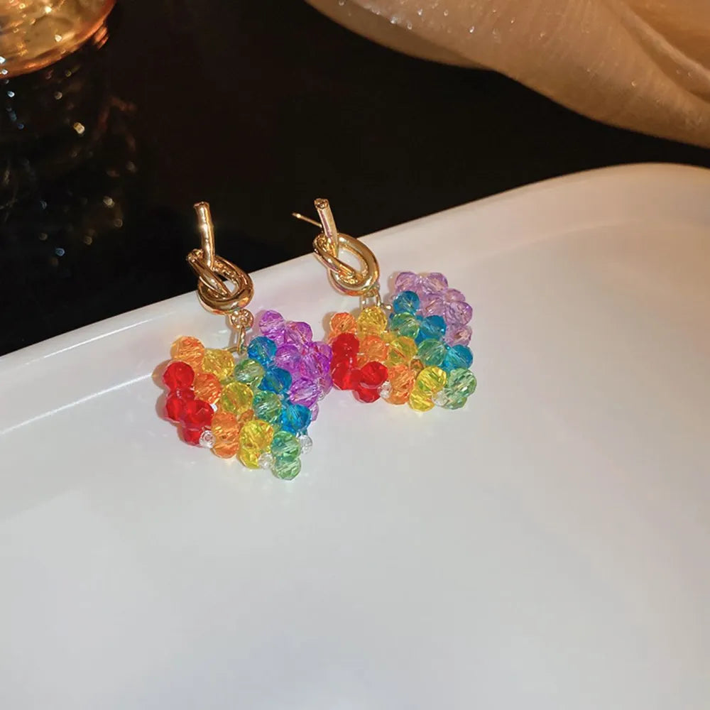 Rainbow beaded heart drop earrings with gold knot detail