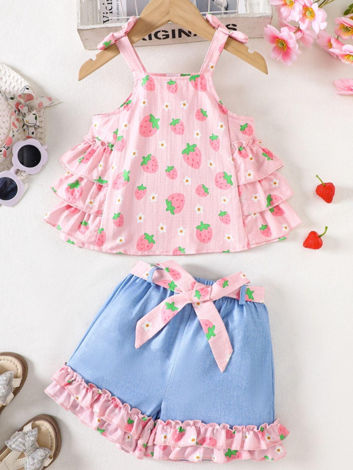 Baby strawberry print cami set with ruffled tiers and denim shorts with bow tie waist.