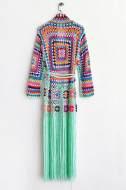 Granny square crochet duster with fringe in multicolor, mint green belt and fringe, open front, long sleeves