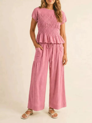 Smocked Peplum Top And Wide-leg Pants Set in Terracotta, front view
