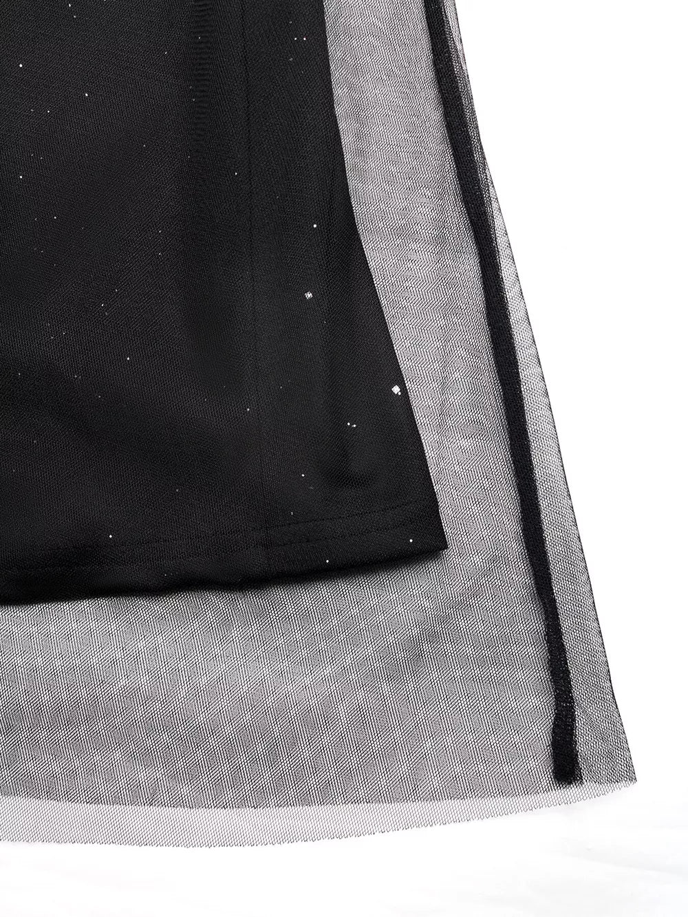 Black midi dress with glitter detail and sheer tulle overlay.