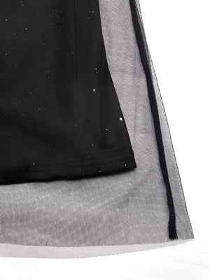 Black midi dress with glitter detail and sheer tulle overlay.