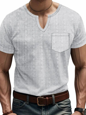 Gray textured notch neck tee with chest pocket and short sleeves.
