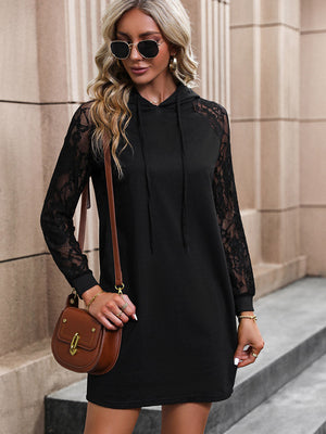 Black lace sleeve hooded mini dress with drawstring and casual cut